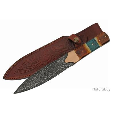 Couteau de Chasse Dague Damas Lame Acier 256 Couches Manche Bois/Résine