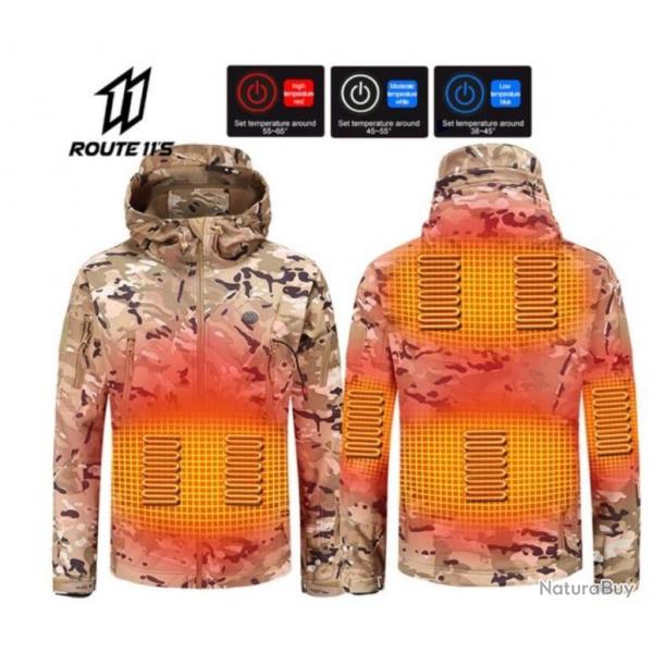 Veste De Chasse SOFTSHELL Chauffante coloris camouflage 7 Zones Chauffantes  USB