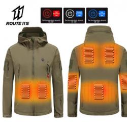 Veste De Chasse SOFTSHELL Chauffante coloris VERT ARMÉE 7 Zones Chauffantes  USB