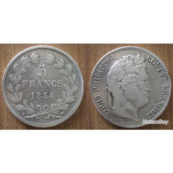 France 5 Francs 1834 W Lille Roi Louis Philippe 1 Argent Ecu Piece Frcs Frs Frc Franc