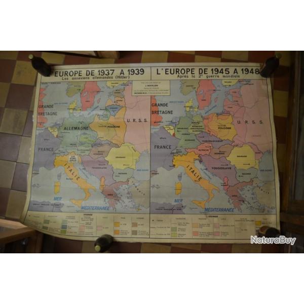 Carte gographique militaire scolaire 1964 L'Europe de 1937  1939 Hitler Guerre 1939  1942 MDI