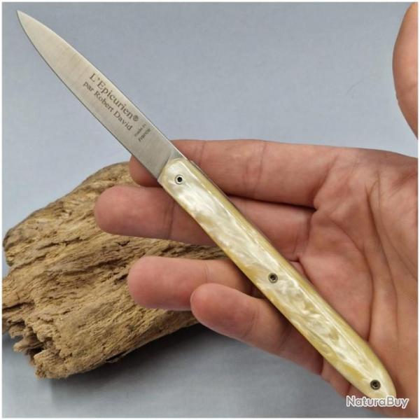Couteau L'picurien par Robert David Insatiable II - plaquettes plexiglas blanc nacr- 12 cm
