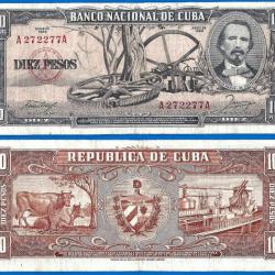 Cuba 10 Pesos 1956 Cespedes Peso Billet