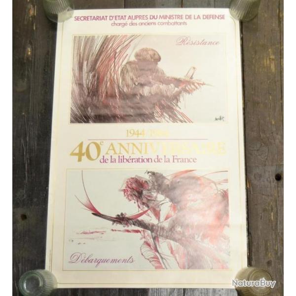 Ancienne affiche 40e anniversaire de la libration de la France Rsistance Dbarquement 1944 1984