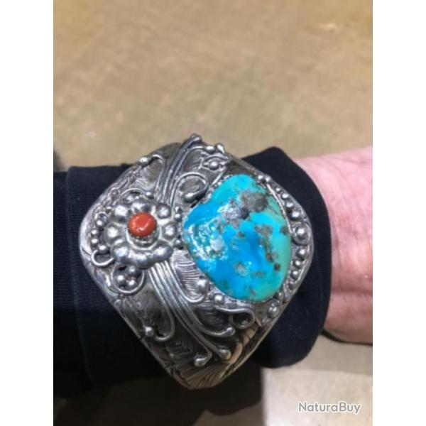 Bracelet amrindien navajo - turquoise corail - argent sterling 925