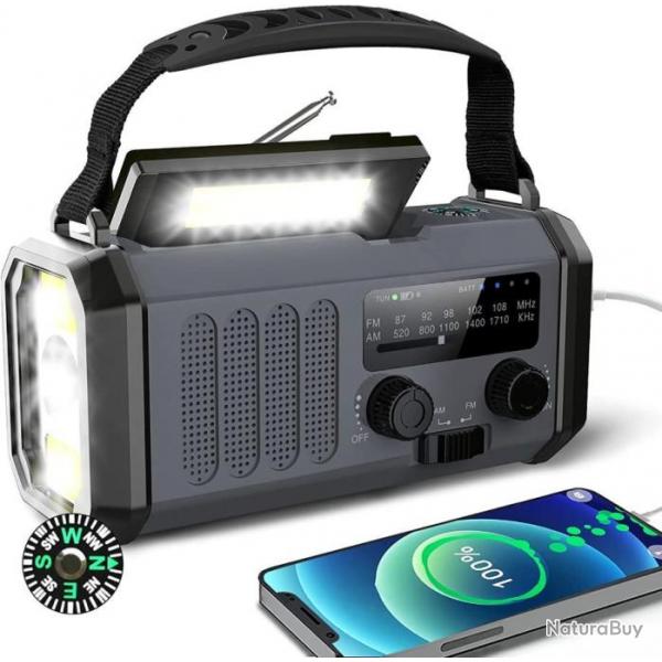 Radio Solaire AM/FM Solar Radio 3 Mthodes de Chargement 6 en 1 Radio d'urgence Portable 10000mAh