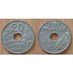 France 20 Centimes 1943 Etat Francais Vichy Piece Franc Centime