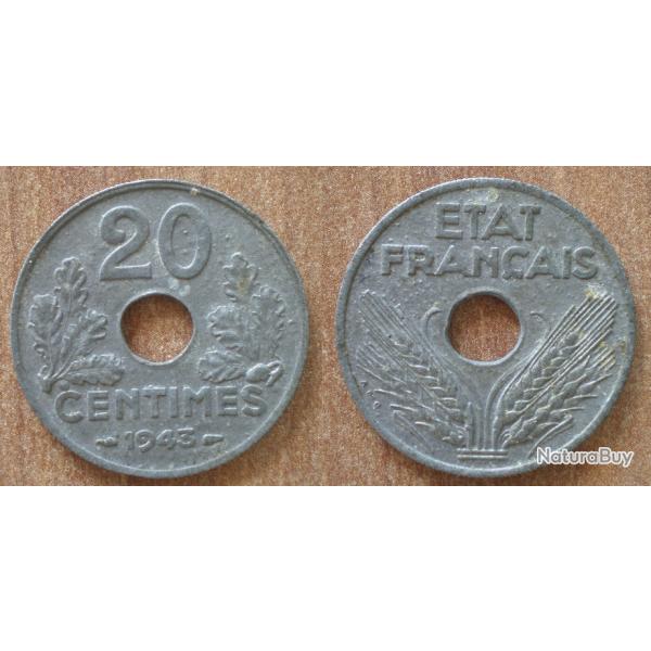 France 20 Centimes 1943 Etat Francais Vichy Piece Franc Centime