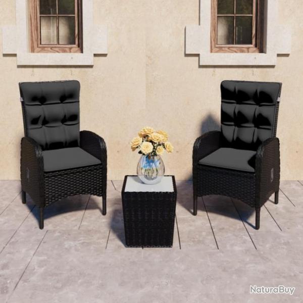 Ensemble de bistro de jardin 3 pcs Rsine tresse et verre Noir