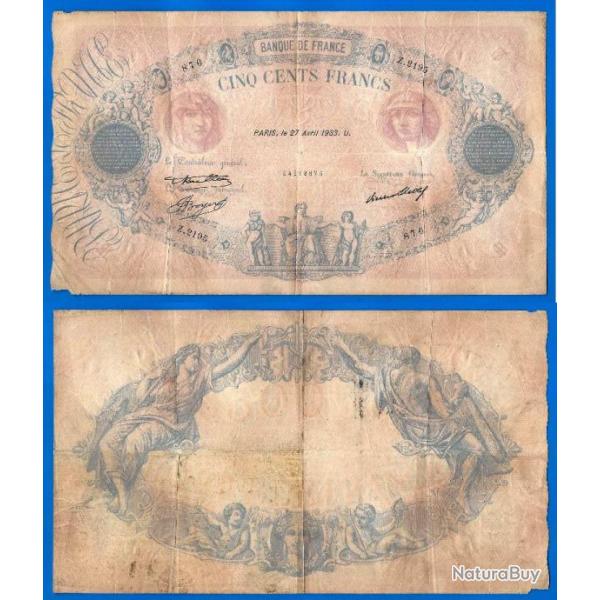 France 500 Francs 1933 Billet Rare Bleu et Rose Frcs Frs Frc Grand Billet