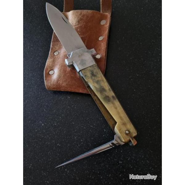Exceptionnel Couteau ancien de Berger MAKI Inox, avec Poinon et tui cuir...