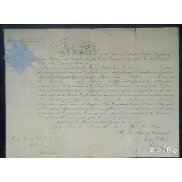 Militaria :En anglais, document royal pour la nomination  "OFFICIER DE NOTRE FORCE TERRITORIAL"1904