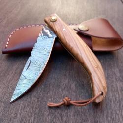 Grand Couteau artisanal Damas Manche en Olivier avec Étui en cuir