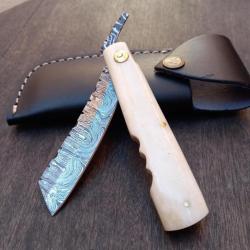 Couteau Artisanal Piémontais Damas HIGONOKAMI Manche en OS avec Étui en cuir
