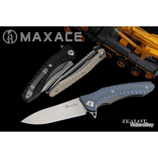 Couteau Maxace Zealot Blue-Gray Lame Acier Bohler K110 IKBS G10 Handle Linerlock Clip MAXMCZ202