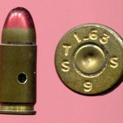 9 mm Parabellum traçante militaire Française - balle laiton pointe rouge - pour MAT 49 et MAC 50