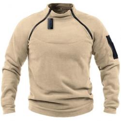 Pull Polaire Chasse Pêche A Col Montant Pour Homme A Fermeture Eclair Chaud Beige