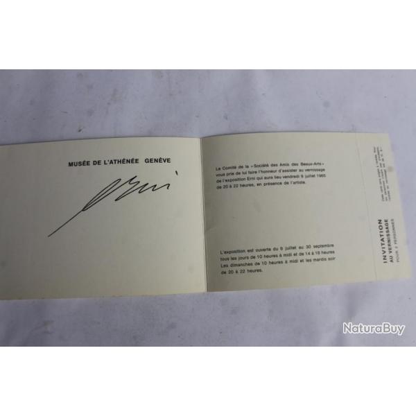 Hans Erni signature sur carton vernissage 1965 Genve