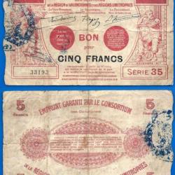 France Bon Pour 5 Francs 1917 Consortium Valenciennes et sa Region Billet Frcs Frc Frs