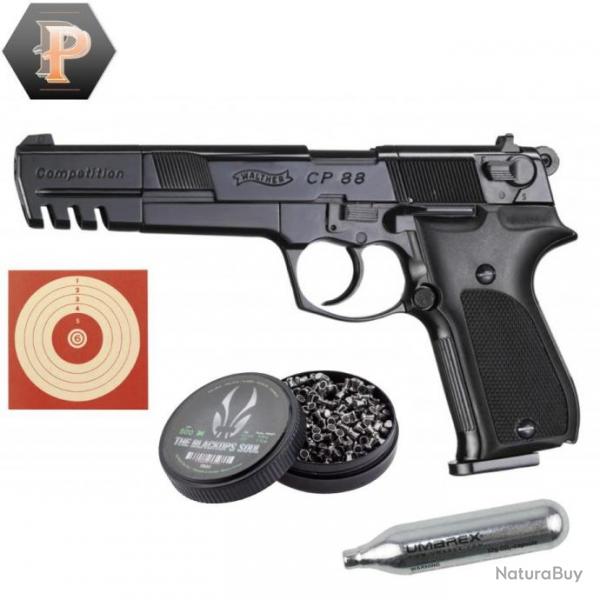Pistolet Walther CP 88 Comptition black CO2 cal 4.5mm + plombs + cibles + capsules