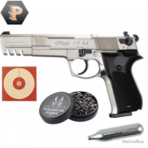 Pistolet Walther CP88 competition 5.6'' nickel CO2 cal. 4.5mm + plombs + cibles + capsules