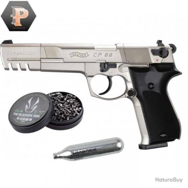 Pistolet Walther CP88 competition 5.6'' nickel CO2 cal. 4.5mm + plombs + capsules