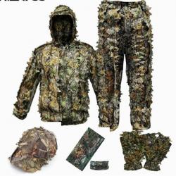 Combinaison Camouflage Chasse Ghillie Adulte 3D Feuilles Combinaison Tir CS Durable Ensemble