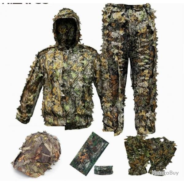 Combinaison Camouflage Chasse Ghillie Adulte 3D Feuilles Combinaison Tir CS Durable Ensemble