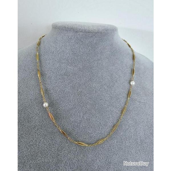 Collier ancien en or massif 18 carats - Maille originale - deux perles