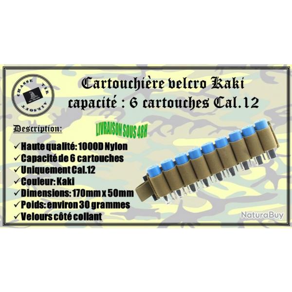 Cartouchire velcro Kaki avec une capacit de 6 cartouches de calibre .12