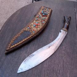 Ancien Couteau KUUKRI NÉPALAIS Manche en Bois d Ébène avec Étui en cuir Décoré