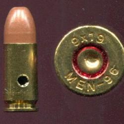 9 mm Parabellum -  ALLEMAGNE - balle en rilsan rougeatre - marquage : 9x19  MEN 96 - neutralisée