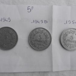 lot de 3 pièces de 5 francs alu années 1949, 1949 B et 1950