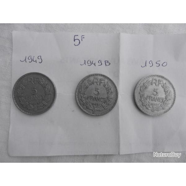 lot de 3 pices de 5 francs alu annes 1949, 1949 B et 1950