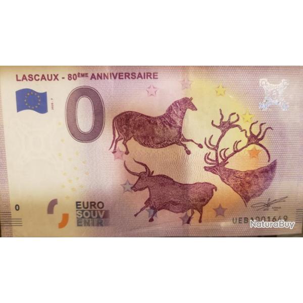 BILLET ZERO EURO SOUVENIR - GROTTE DE LASCAUX 80 me ANNIVERSAIRE 2020 - 7 -