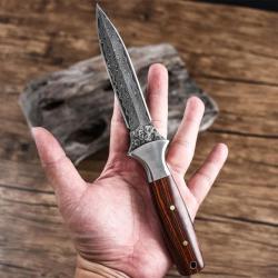Couteau dague fait main acier damas vg10 double tranchant avec étui manche bois custom combat #0108