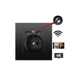 Prise murale avec 2 ports USB Noire Caméra Ultra HD 4k WIFI  avec Détection de mouvement