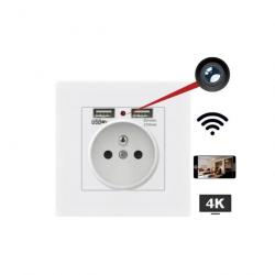 Prise Murale Avec 2 ports USB Caméra ESPION 4K WIFI Blanche