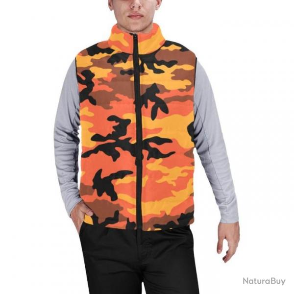 Gilet matelass type doudoune sans manches avec col montant camouflage orange forest fire