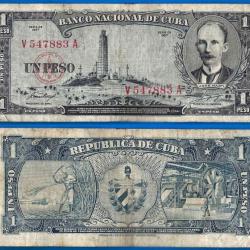 Cuba 1 Peso 1957 Jose Marti Billet Pesos
