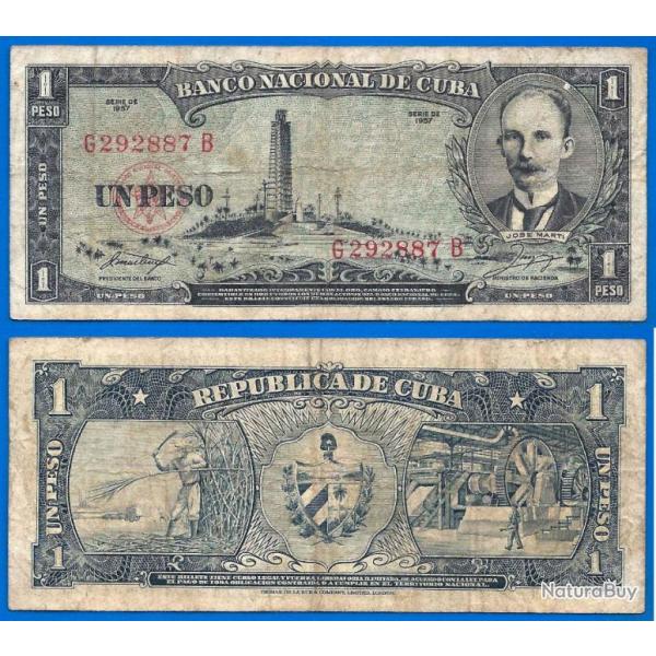 Cuba 1 Peso 1957 Jose Marti Billet Pesos