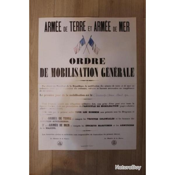 Affiche Ordre de mobilisation gnrale 14/18 - Premire Guerre Mondiale