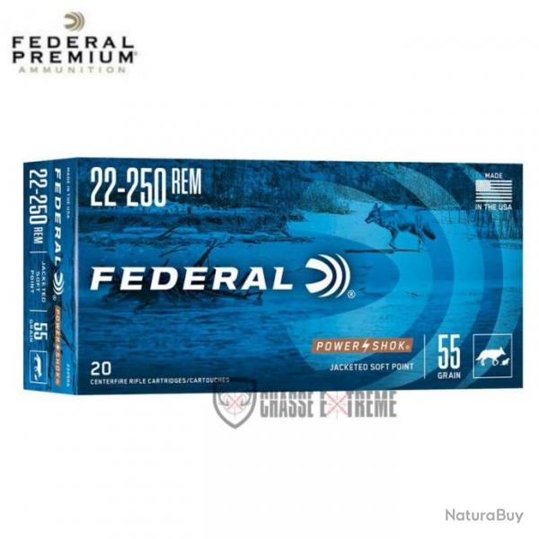 20 Munitions FEDERAL Power Shok Cal 22-250 Rem 55Gr Soft Point