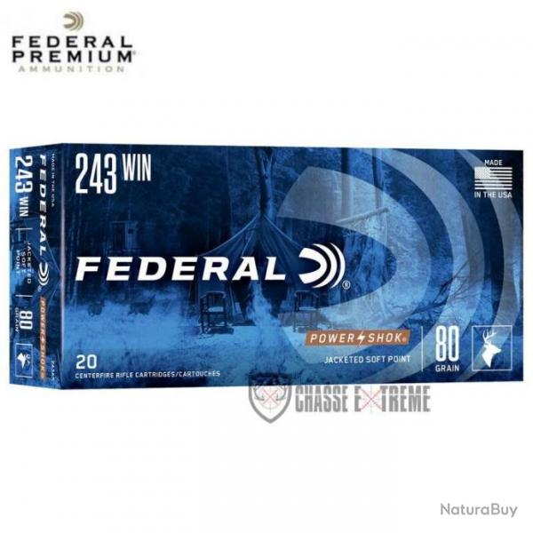 20 Munitions FEDERAL Power Shok Cal 243 Win 80Gr Soft Point