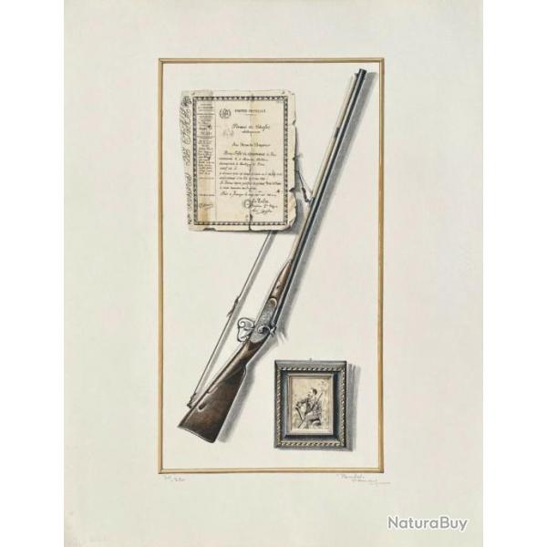 Lithographie signe Roger BURLET VIENNAY - napolon Cher 1844 Tableau de chasse circa 1960