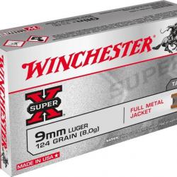 Munitions Winchester 9 mm Luger FULL METAL JACKET FMJ 124 gr, 1 boite de 50 cartouches