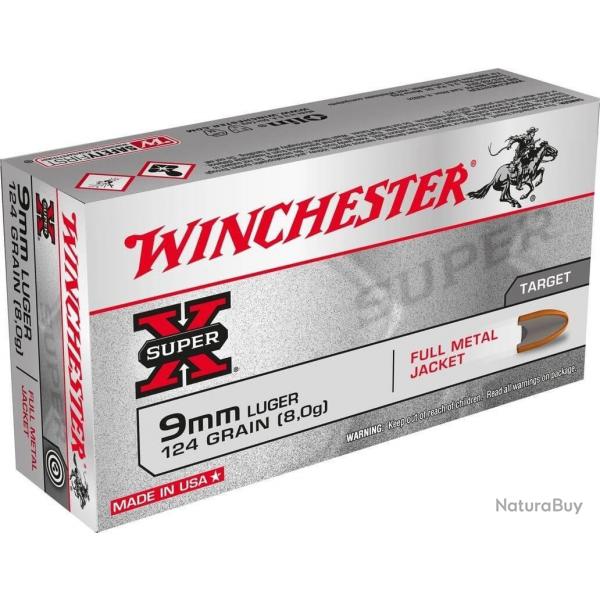 Munitions Winchester 9 mm Luger FULL METAL JACKET FMJ 124 gr, 1 boite de 50 cartouches