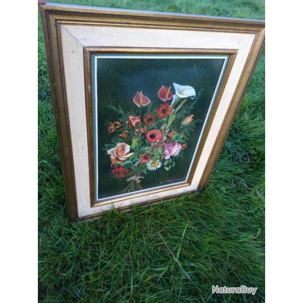 UNIQUE PEINTURE D UN BOUQUET DE FLEURS SUR VERRE INVERSE OU PEINTURE SOUS VERRE . RENDU MAGNIFIQUE