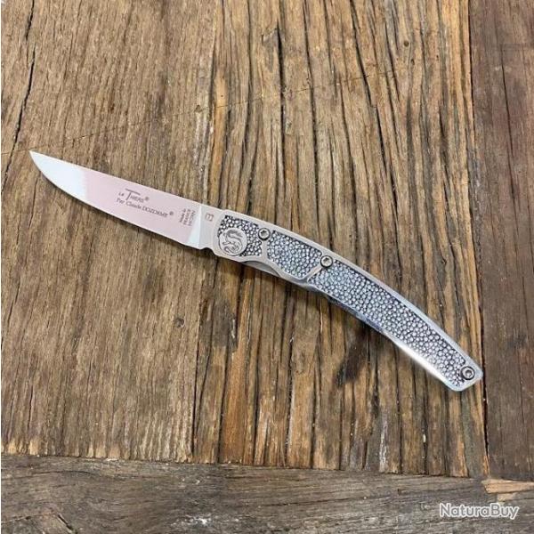Couteau de poche Le Thiers Galuchat gris-argent - lame sigle Artums & Co