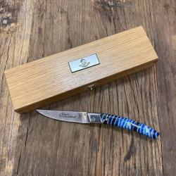 Couteau de poche Le Thiers® RLT lame Damas manche molaire de mammouth bleu + coffret Artumès & Co